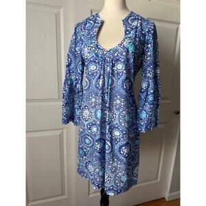 Trina Turk Blue Cotton Silk Bell Sleeve Swim Cover Tunic Dress Sz 8 Coastal Chic